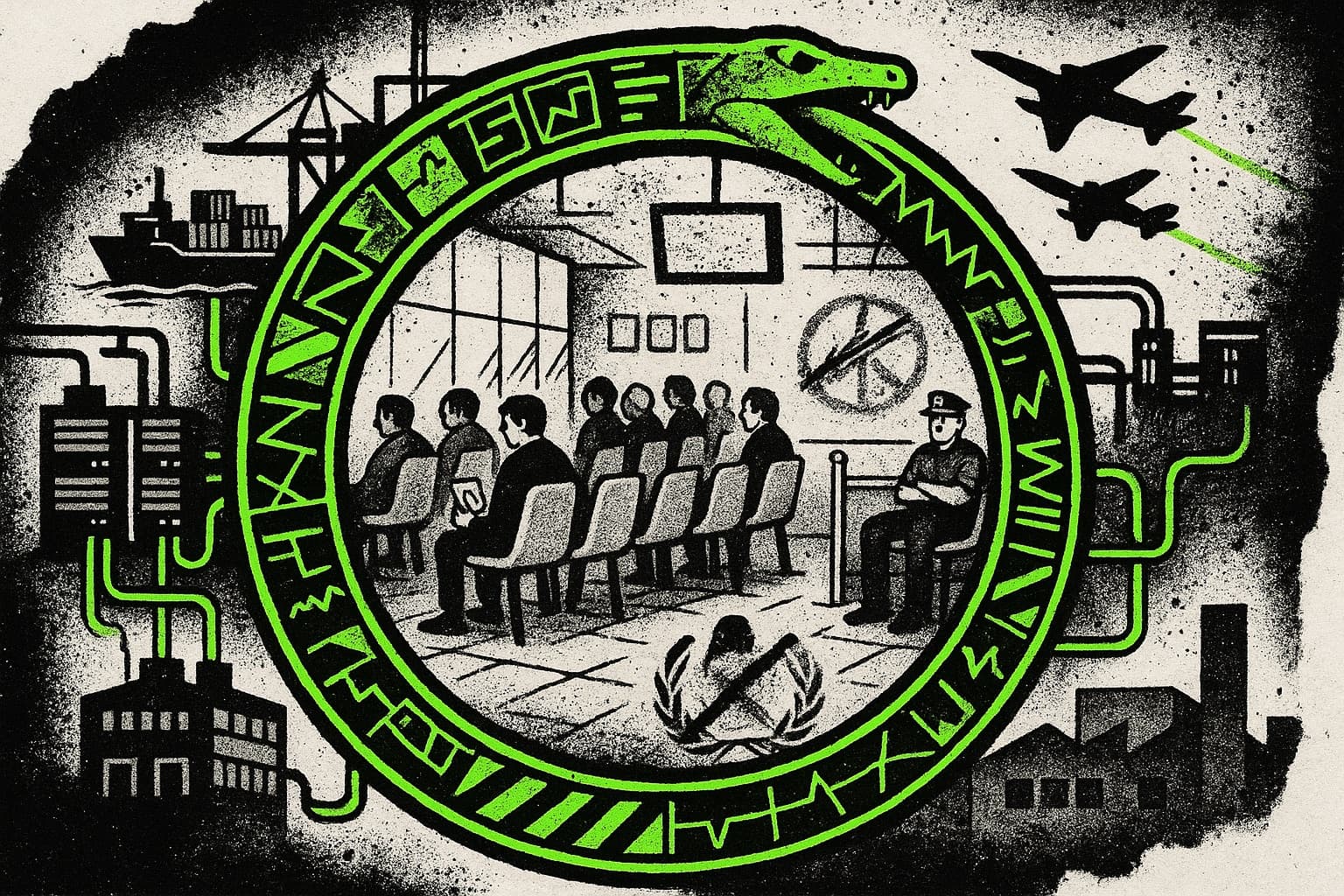 Punk-zine illustration: green serpent encircling a courtroom, factories, drones