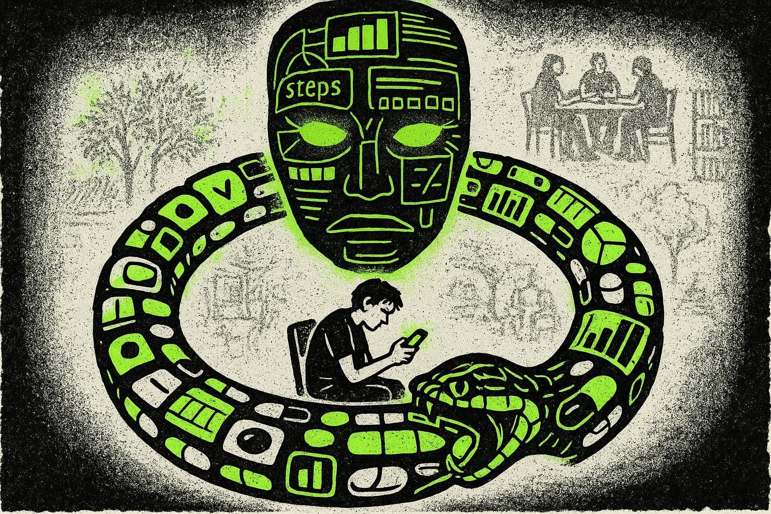 Punk-zine illustration: green aztec mask 'steps' watching a phone-locked figure