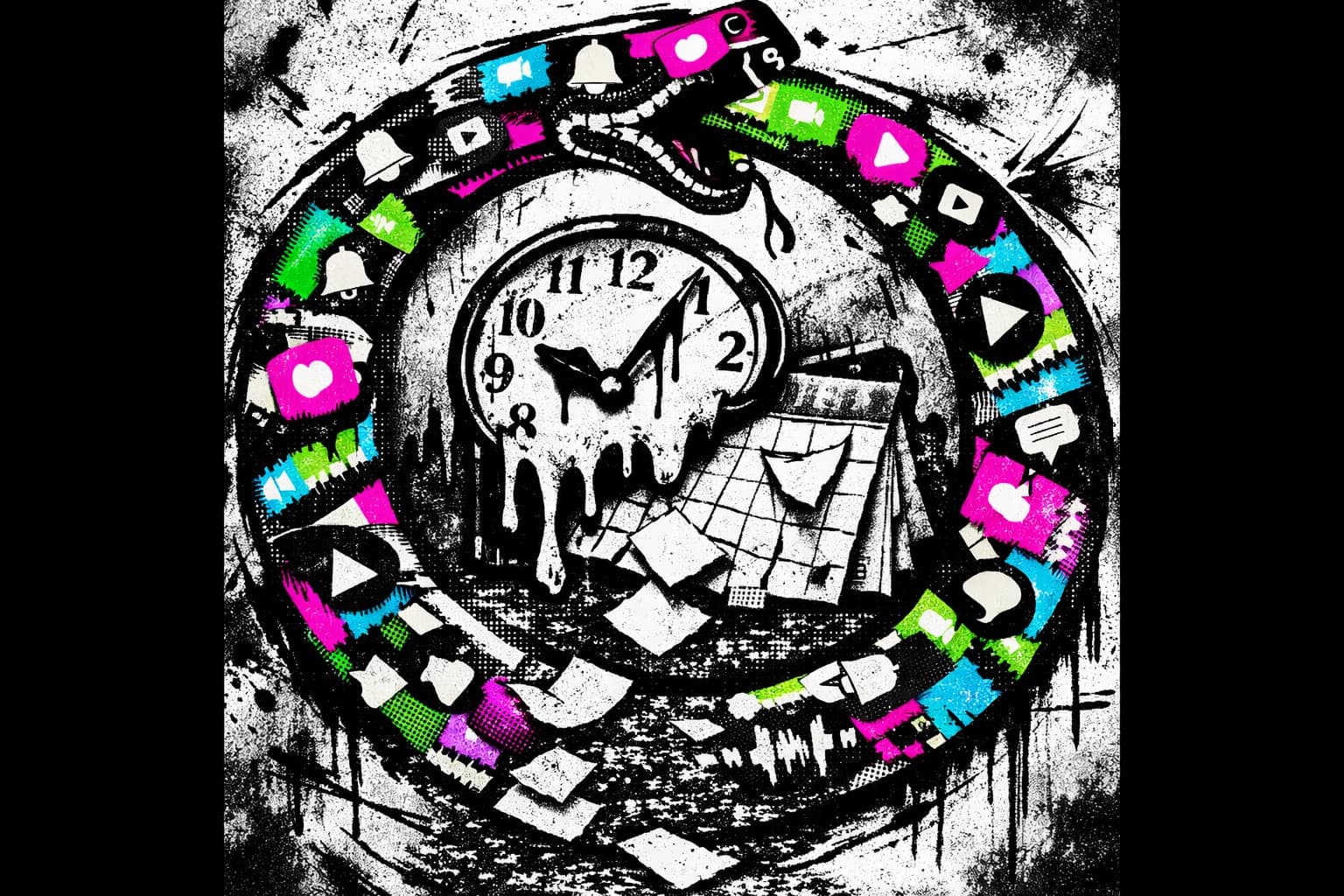 Punk-zine illustration: snake encircling a melting clock and a vortex of papers